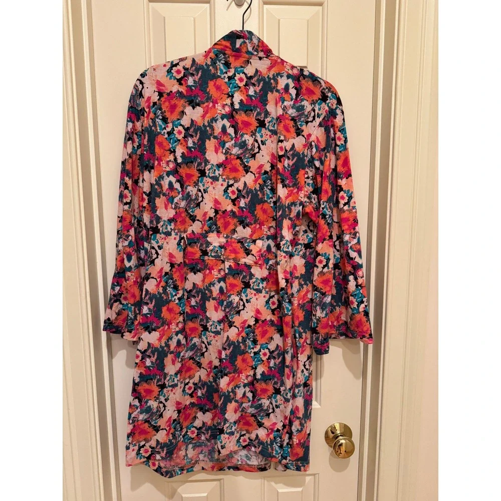 Natori Floral Robe Womens Medium Multicolor 3/4 Sleeve Knit Loungewear No Belt